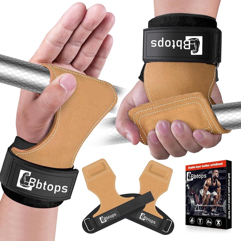 Bbtops Weight Lifting Wrist Strap, Double-Layer Leather Wrist Straps for Gym Strength Training Weightlifting,Deadlift and Powerlifting, Enhance Grip Strength Neoprene Padding Gym Workout Lifting Straps for Men & Women (Pair) - Image 1